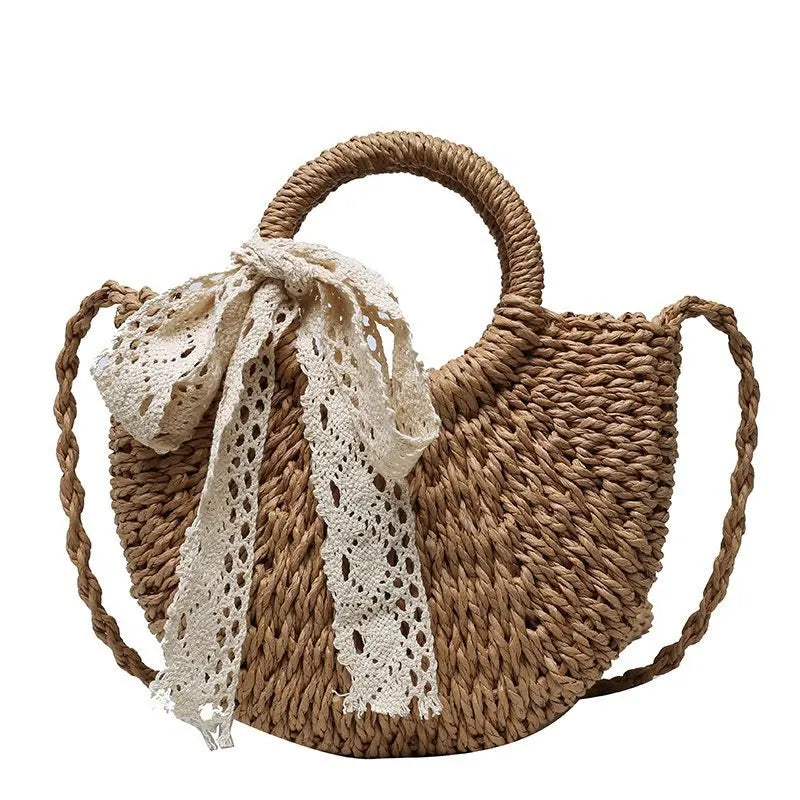Handmade half-round rattan straw beach bag with woven design, ideal as a summer women's crossbody messenger or small handbag.