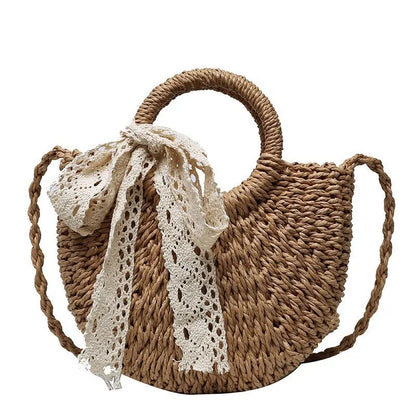 Handmade half-round rattan straw beach bag with woven design, ideal as a summer women's crossbody messenger or small handbag.