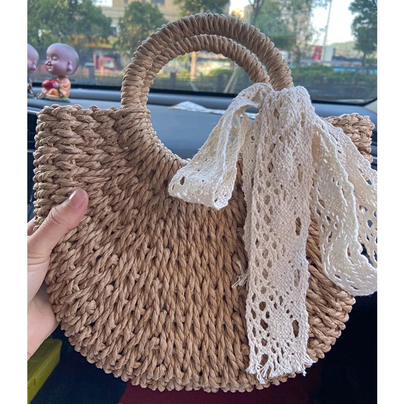 Handmade half-round rattan straw beach bag for women, Prime Deal Zone summer messenger crossbody handbag with woven design