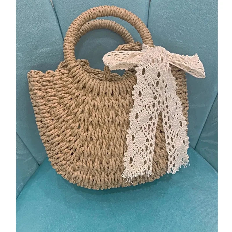 Handmade half-round rattan straw bag by Prime Deal Zone, summer women's crossbody beach handbag with woven straw design.