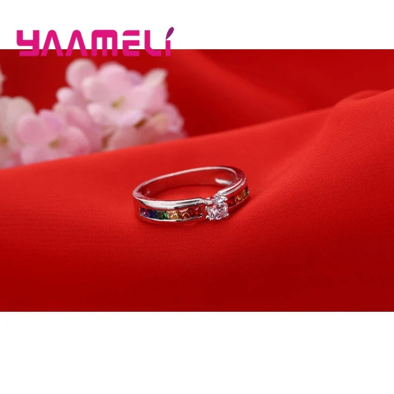 Silver rainbow zircon ring, size chart reference