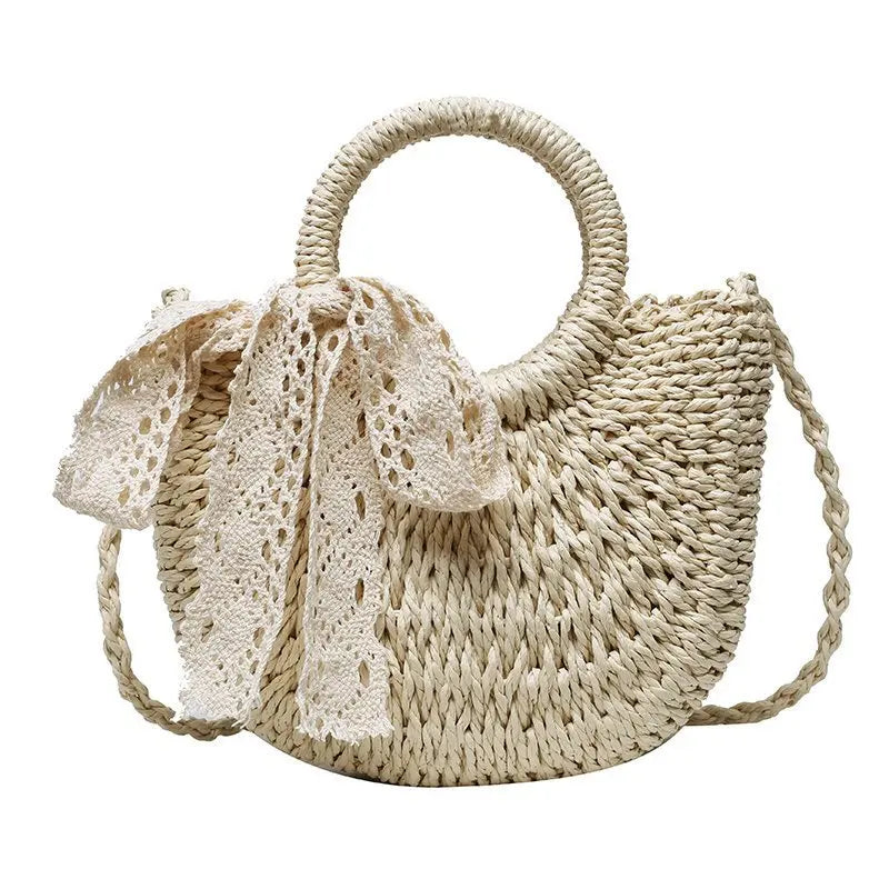 Handmade half-round rattan straw bag by Prime Deal Zone, summer women’s crossbody beach handbag with woven straw design.