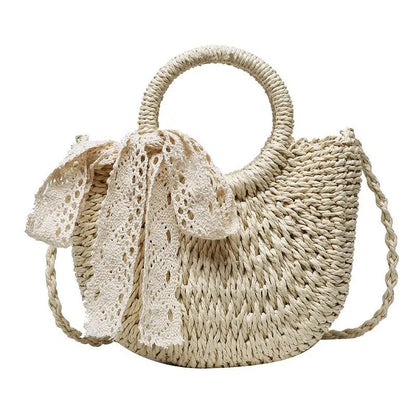 Handmade half-round rattan straw bag by Prime Deal Zone, summer women’s crossbody beach handbag with woven straw design.