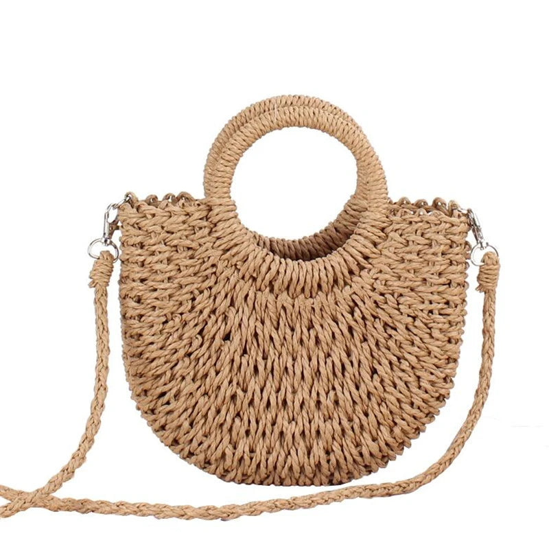 Handmade half-round rattan straw bag by Prime Deal Zone, summer women’s messenger crossbody bag with woven straw design.