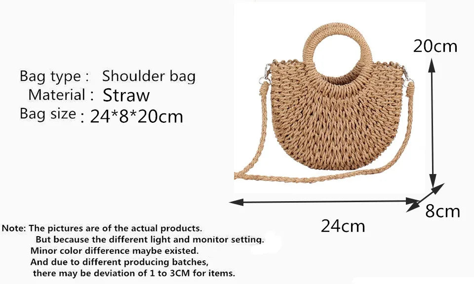Handmade half-round rattan straw bag by Prime Deal Zone, summer women’s crossbody beach handbag with woven straw design.