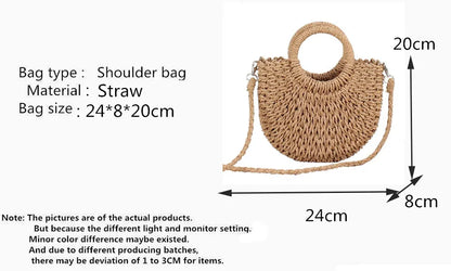 Handmade half-round rattan straw bag by Prime Deal Zone, summer women’s crossbody beach handbag with woven straw design.