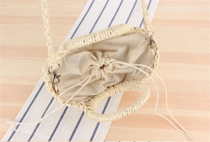 Handmade half-round rattan straw bag by Prime Deal Zone, summer women’s crossbody beach handbag with woven straw design.