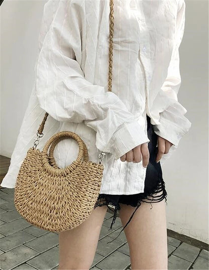 Handmade half-round rattan straw bag by Prime Deal Zone, summer women messenger crossbody bag with woven straw design, small beach handbag