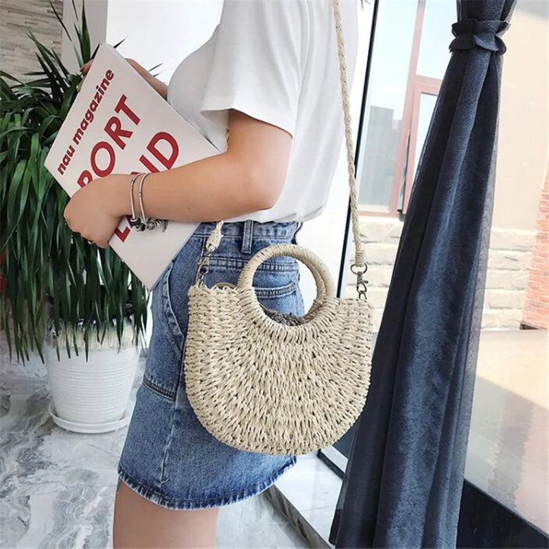 Handmade half-round rattan straw bag by Prime Deal Zone, summer women’s messenger crossbody bag with woven design, small beach handbag