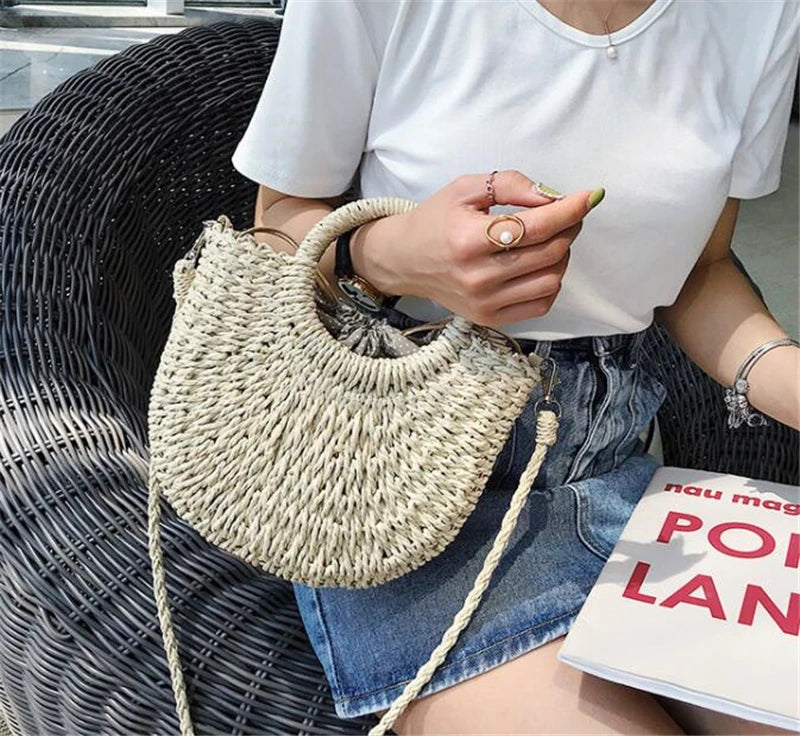 Handmade half-round rattan straw bag by Prime Deal Zone, summer women’s crossbody beach handbag with woven straw design.