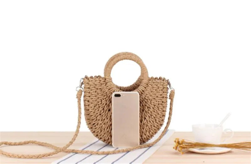 Handmade half-round rattan straw beach bag by Prime Deal Zone, small summer crossbody handbag for women and girls.