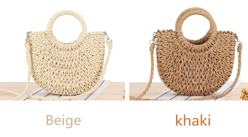 Handmade half-round rattan straw bag by Prime Deal Zone, stylish summer women’s crossbody messenger beach handbag.