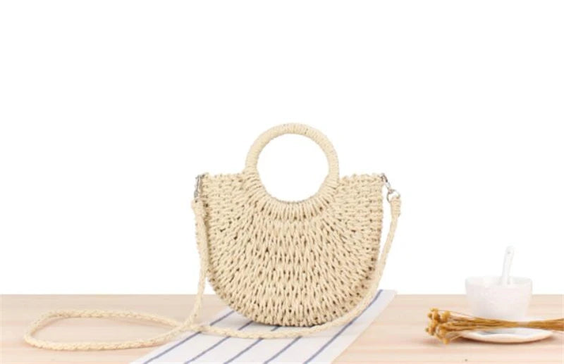 Handmade half-round rattan straw bag by Prime Deal Zone, summer women’s crossbody bag with woven straw design for beach or casual wear.