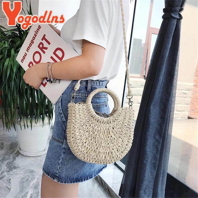 Handmade half-round rattan straw bag by Prime Deal Zone, summer women’s crossbody bag with woven design and small beach style.