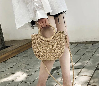 Handmade half-round rattan straw bag by Prime Deal Zone, summer women’s crossbody beach handbag with woven design.