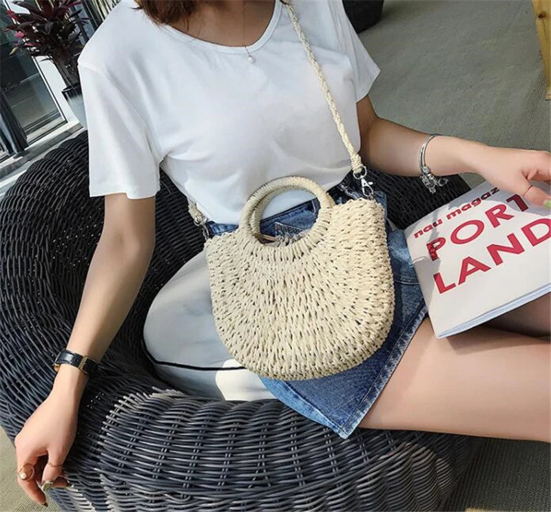 Handmade half-round rattan straw bag by Prime Deal Zone, summer women’s crossbody beach handbag with woven straw design.