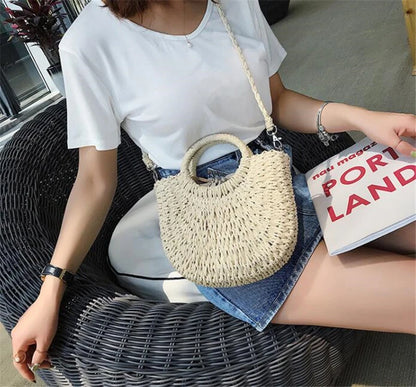 Handmade half-round rattan straw bag by Prime Deal Zone, summer women’s crossbody beach handbag with woven straw design.