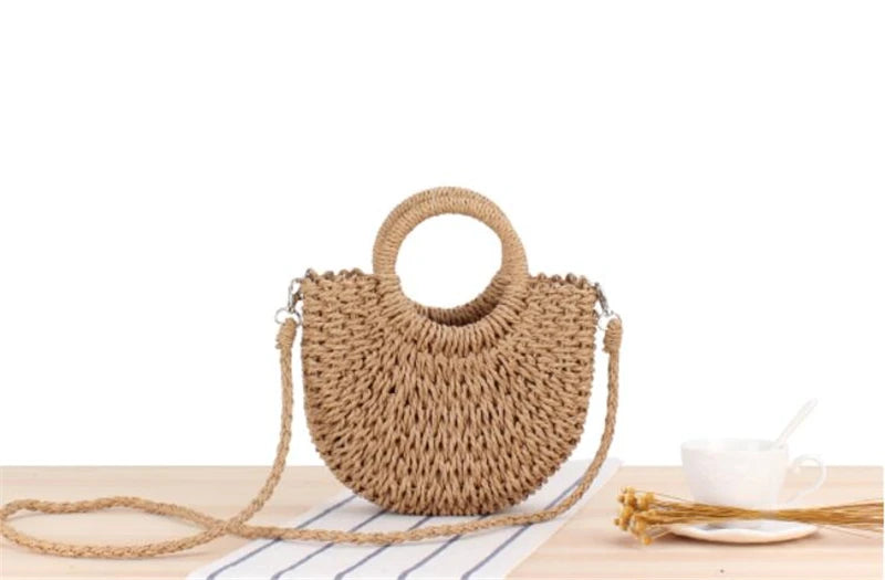 Handmade half-round rattan straw beach bag with woven design, ideal for summer women’s messenger and crossbody handbag.