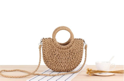 Handmade half-round rattan straw beach bag with woven design, ideal for summer women’s messenger and crossbody handbag.