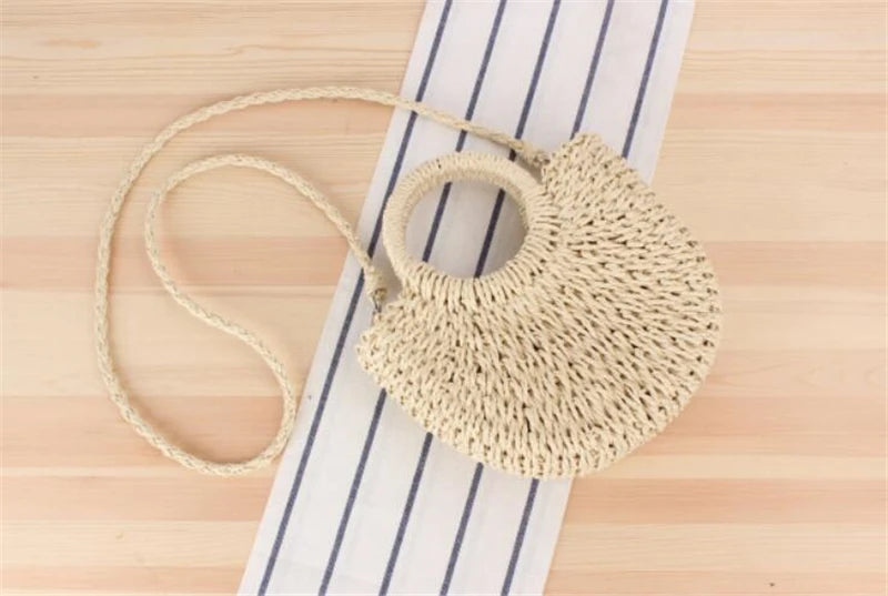 Handmade half-round rattan straw beach bag by Prime Deal Zone, summer women’s crossbody messenger bag with woven straw design.
