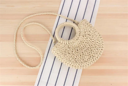 Handmade half-round rattan straw beach bag by Prime Deal Zone, summer women’s crossbody messenger bag with woven straw design.