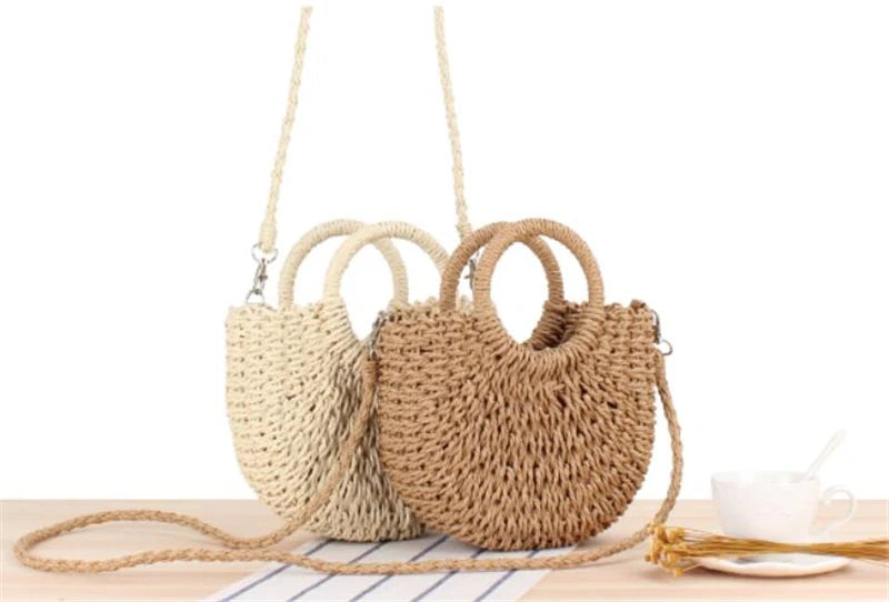 Handmade half-round rattan straw bag by Prime Deal Zone, featuring woven design, small crossbody style, perfect for summer beach outings.