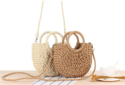 Handmade half-round rattan straw bag by Prime Deal Zone, featuring woven design, small crossbody style, perfect for summer beach outings.