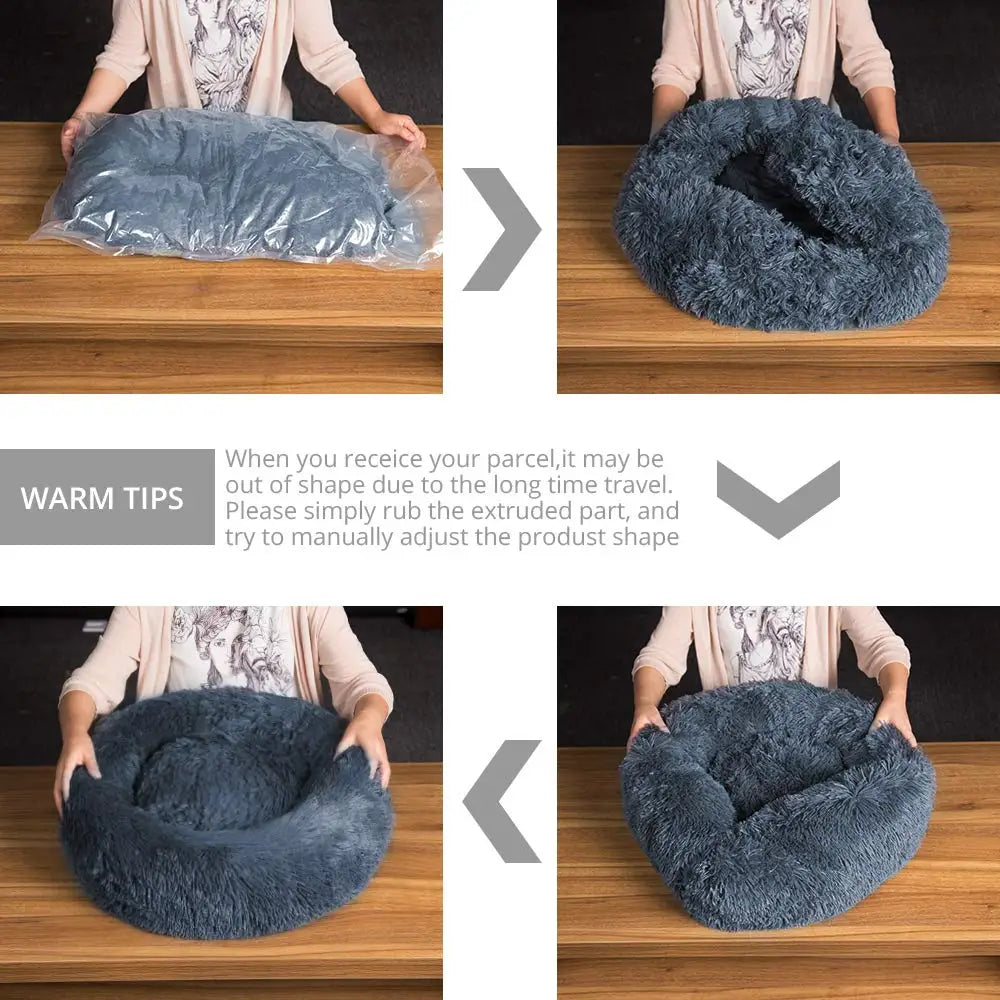 Prime Deal Zone round pet bed in six sizes, plush and soft for large dogs and cats, ideal for winter warmth and cozy sleeping.