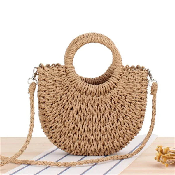 Handmade half-round rattan straw bag by Prime Deal Zone, small summer crossbody handbag with woven design for women and girls