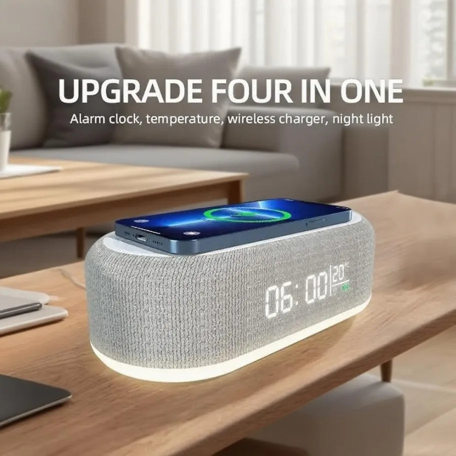 Wireless alarm clock with phone charging pad, bedroom lamp, night light, and thermometer, designed for iPhone models by Prime Deal Zone
