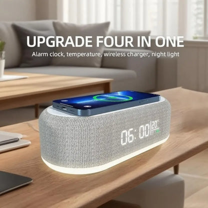 Wireless alarm clock with phone charging pad, bedroom lamp, night light, and thermometer, designed for iPhone models by Prime Deal Zone