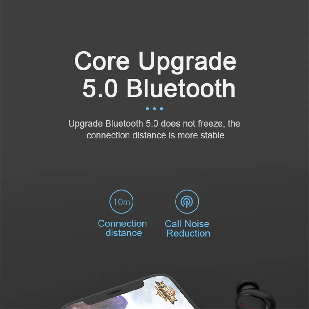 Wireless Bluetooth A6S earphones with touch controls and LED display, stereo sound for Xiaomi and Huawei sports use.
