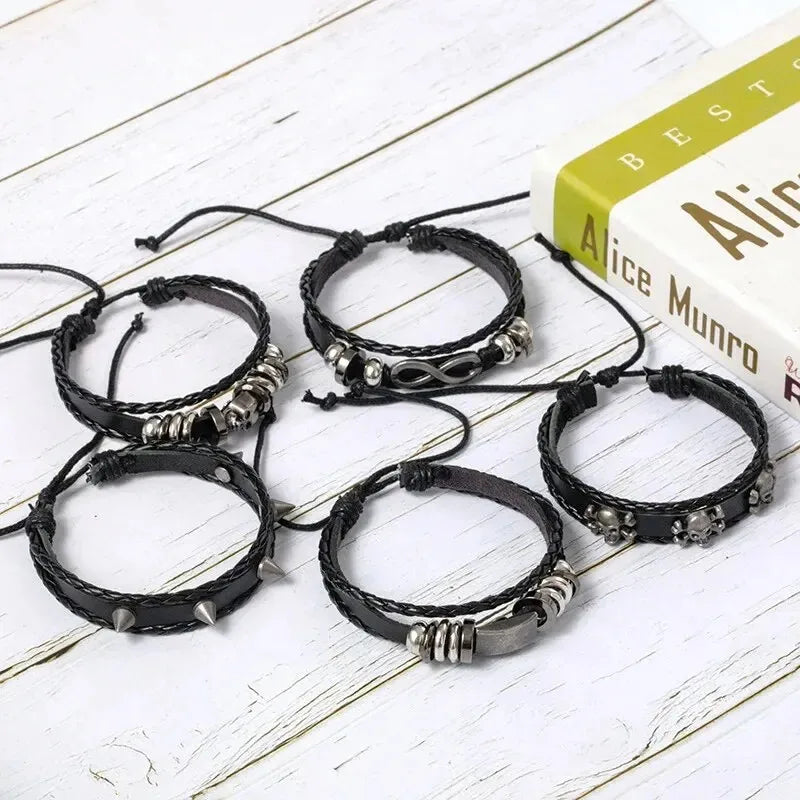 5-piece braided punk bracelet set, PU leather and beads - view 5