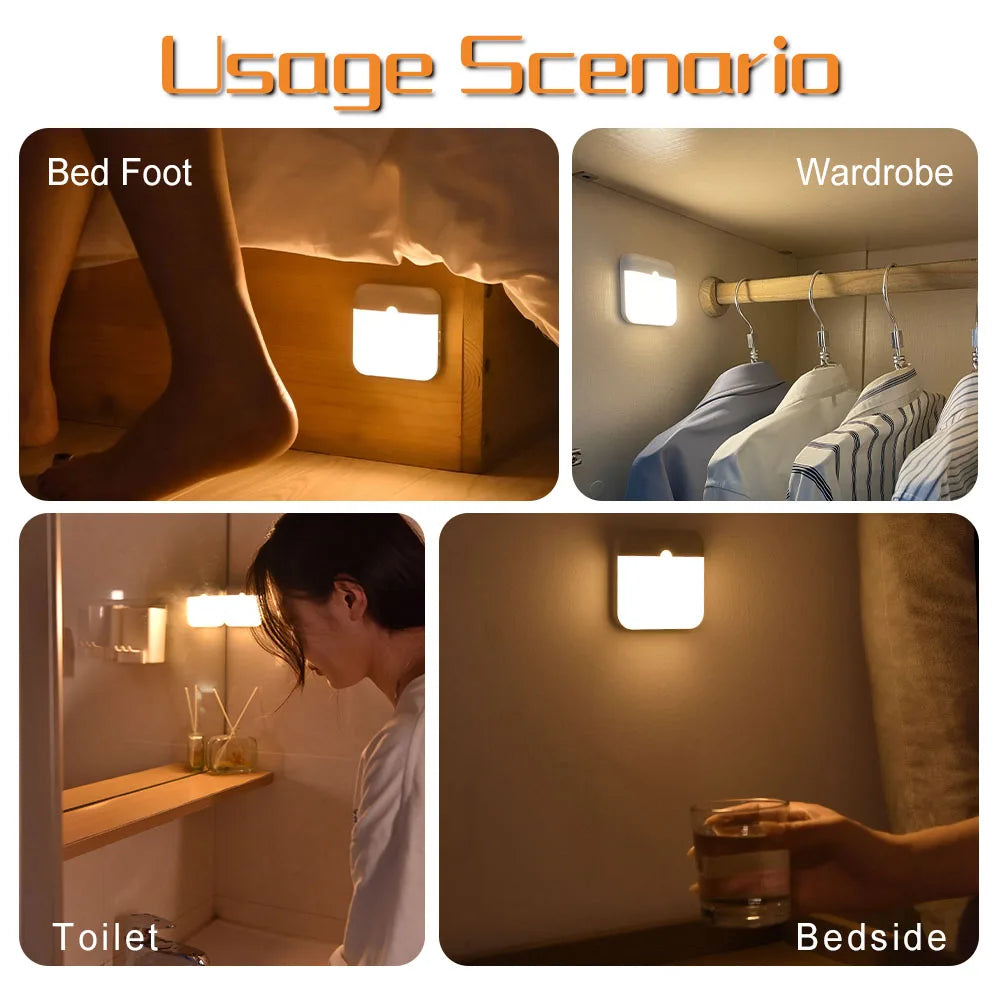 Prime Deal Zone motion sensor LED square night light with USB Type-C charging, suitable for bedroom, kitchen, hallway, or wardrobe lighting.