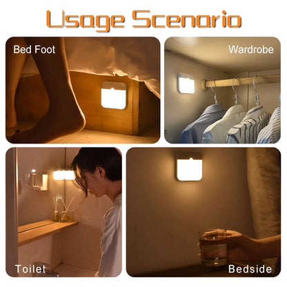 Prime Deal Zone motion sensor LED square night light with USB Type-C charging, suitable for bedroom, kitchen, hallway, or wardrobe lighting.