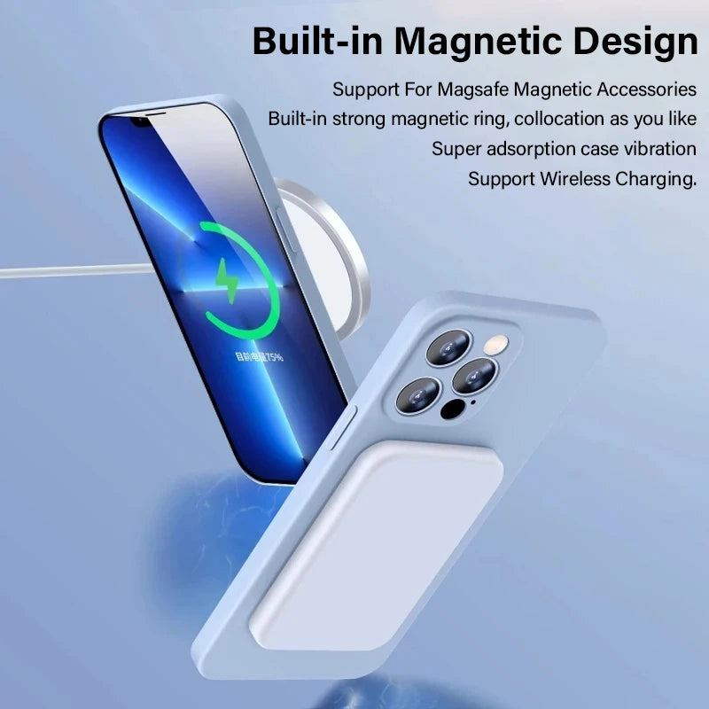 Liquid silicone MagSafe case for iPhone 15, 14, 13, 12, 11, XR, XS, X, 8 Plus, and Mini with wireless charging capability.