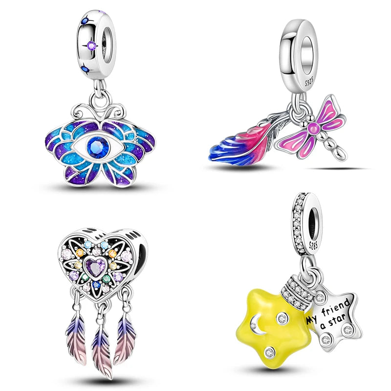 925 sterling silver charm beads, butterflies dragonflies and feathers - view 1