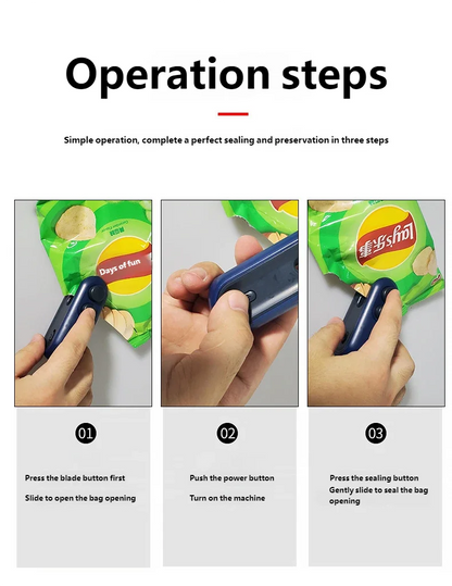 Prime Deal Zone home handheld mini heat sealer for plastic food storage bags, USB rechargeable portable sealing machine.