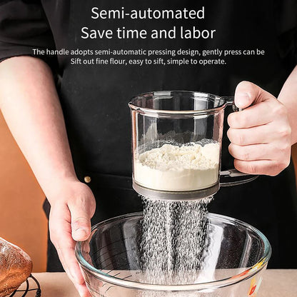 Prime Deal Zone HOMEFISH kitchen baking cake flour sieve with 40 mesh semi-automatic filter and capacity scale for precise flour sifting.