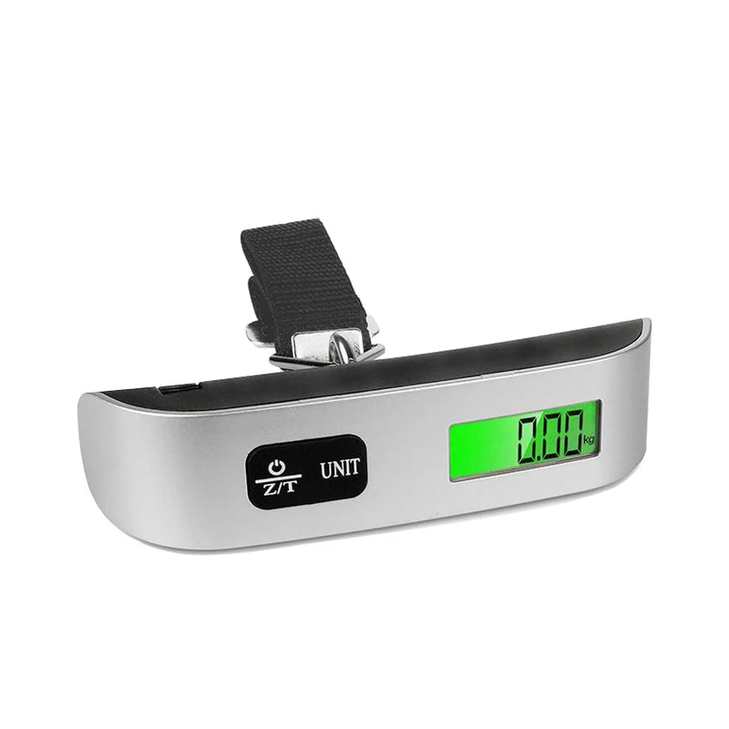 Digital portable scale with LCD display showing luggage weight, ideal for travel. Prime Deal Zone electronic baggage weight tool.