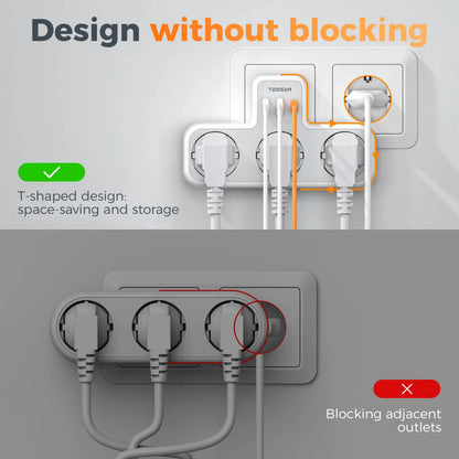 TESSAN EU Plug 6-in-1 Power Strip | 3 AC Outlets + 2 USB-A + 1 USB-C Wall Charger Adapter for Home & Office