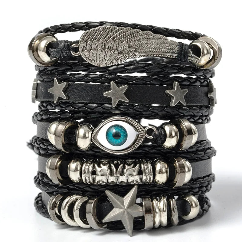 6-piece black punk skull and star bracelet set - view 9