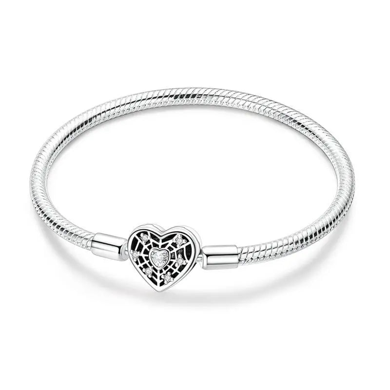 925 Sterling Silver Heart Zircon Snake Chain Bracelet — Multiple Designs, 17–20cm