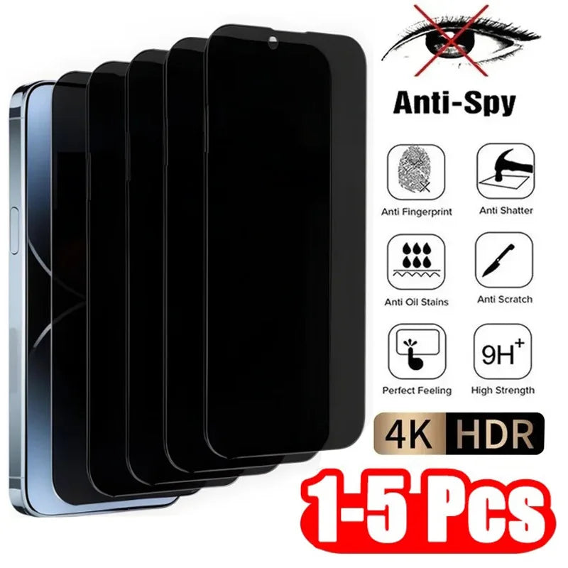 Prime Deal Zone 5-pack anti-peep privacy tempered glass screen protectors for iPhone 12 to 17 Pro Max, showing protected screens with privacy filter.