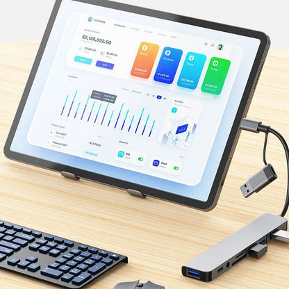Prime Deal Zone 8-in-2 USB and Type C HUB docking station with 3.5mm audio jack, Micro SD card reader, and multiple ports.