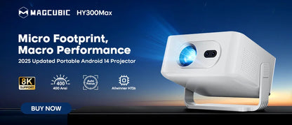 Magcubic HY300 Pro smart projector displaying a colorful image, with dual WiFi6 and Bluetooth 5.4 connectivity.