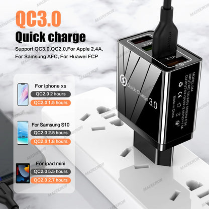 Prime Deal Zone 3A USB charger with 4 ports, Quick Charge 3.0, EU and US plug, fast charging mobile phone charger adapter