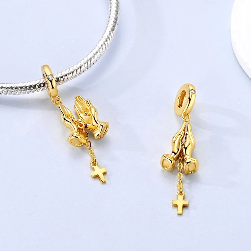 925 sterling silver gold-tone charm beads, crosses and bows - view 6