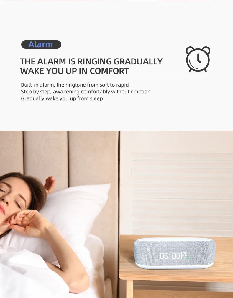 Wireless alarm clock and phone charger pad with night light, thermometer, and desk lamp for iPhone models in a modern bedroom setting