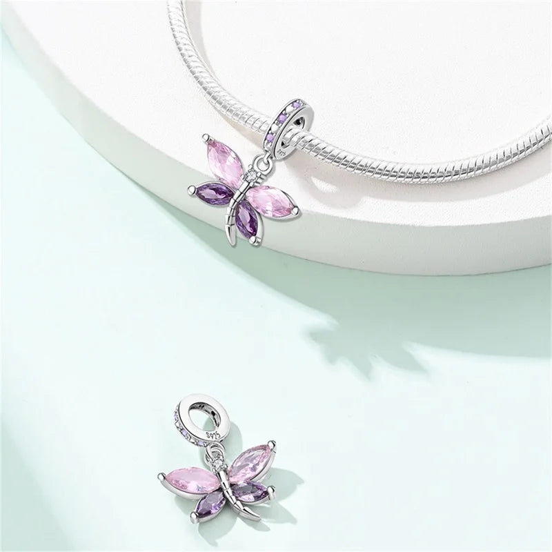 925 Silver-Plated Butterfly Charm Beads, Multicolour
